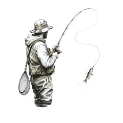Fototapeta premium Man fisherman in hat with fishing rod catching fish on line. Hand drawn sketch of angler with net and vest on transparent background. Outdoor hobby and fishing sport concept.
