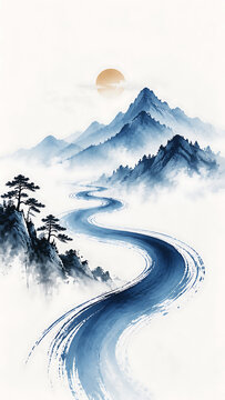 Traditional chinese ink wash painting of a winding river