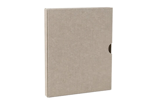 Beige textured slipcase with a thumb cut is standing upright on a clean white background, viewed from a slight angle