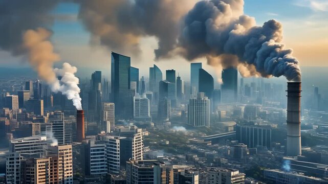 Industrial air pollution over modern city skyline with smog and factory smoke stacks