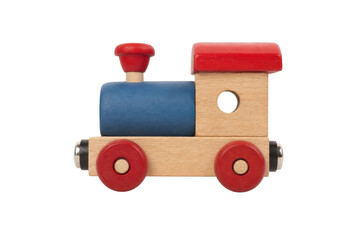 Small wooden toy train engine with red and blue painted details is isolated on a clean white background © Chinases