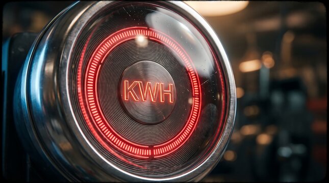 Glossy chrome circular gauge showing illuminated red neon KWH label indicating energy usage monitoring for industrial power management systems and tech.
