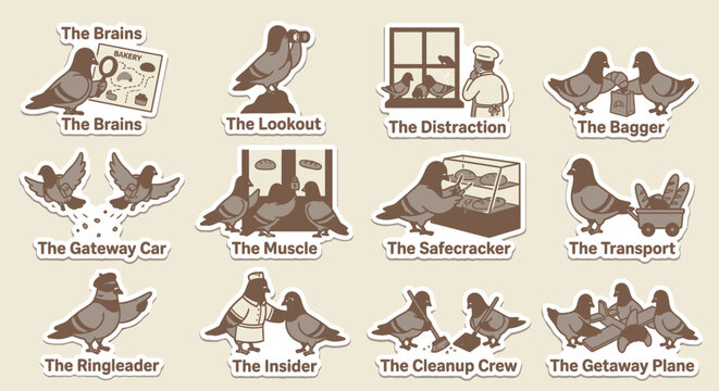 Set of 12 flat vector pigeon stickers depicting a bakery bread heist theme. Features humorous roles like The Brains, Lookout, and Ringleader in grey and brown palette.