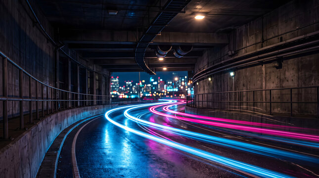 Vibrant blue and pink light trails curving through an urban underpass with a glowing city skyline in the distance with PNG, Transparent and Black Background Versions