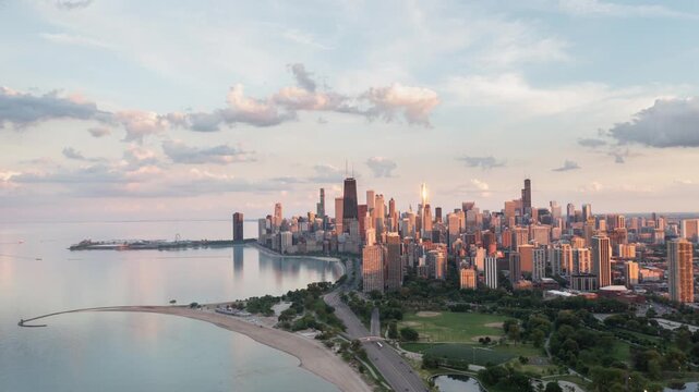 Chicago Skyline and Lake Michigan Aerial Hyperlapse at Golden Hour