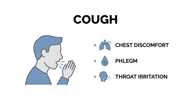 Medical illustration of cough symptoms with chest discomfort phlegm and throat