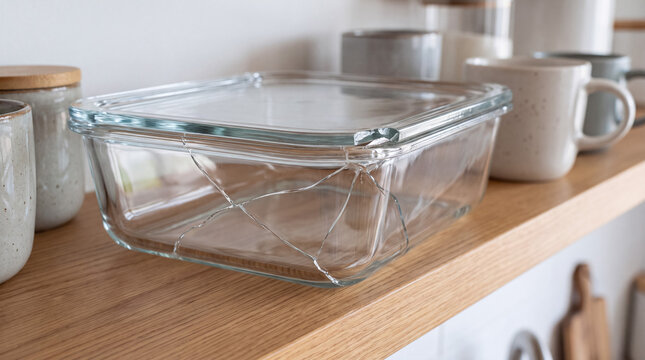 Glass food container with visible cracks sitting on a wooden kitchen shelf, representing damage, fragility, and kitchen mishaps
