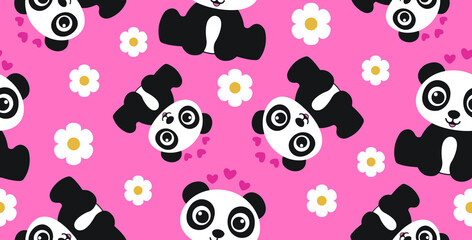 Cute panda bears with flowers and hearts in a seamless pattern on pink background for kids © SA Graphic Desing