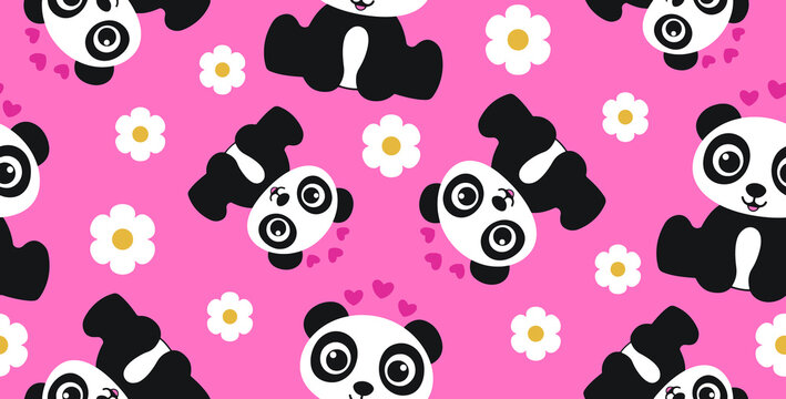 Cute panda bears with flowers and hearts in a seamless pattern on pink background for kids
