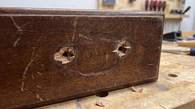 Vintage wooden furniture piece showing wear and tear, with drilled holes and scattered wood shavings on a workshop bench