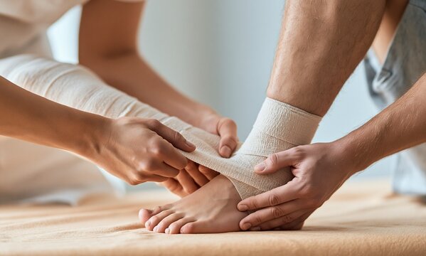 Physical therapist wrap bandage on ankle patient leg close up healthcare