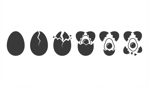 Six Stages of Cracking Egg Dark Grey Silhouette Vector Icon Set