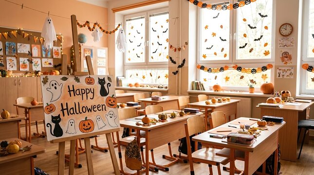 Empty classroom decorated for halloween with festive banners and paper cutouts on the windows and walls