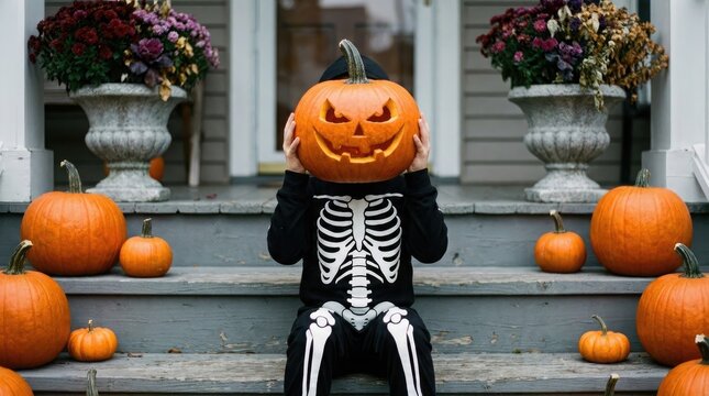 A child wearing a skeleton costume holds a carved jack o lantern pumpkin in front of their face