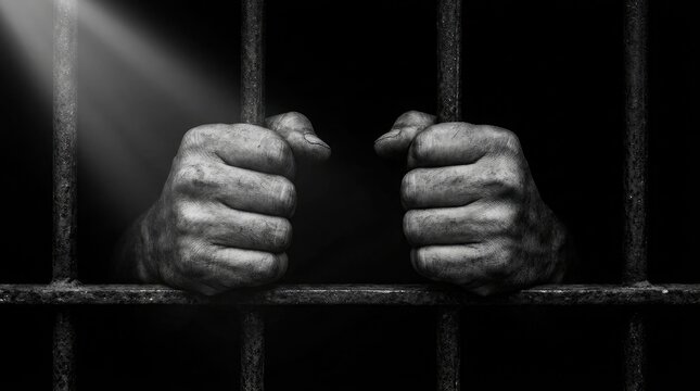 Close up of a prisoner hands gripping iron bars in a dark jail cell with dramatic lighting