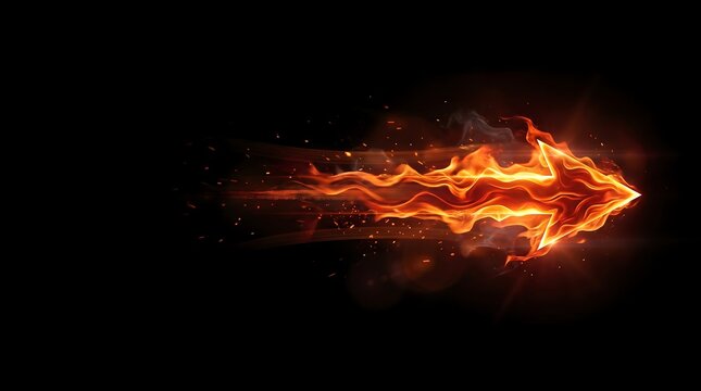 Bright orange flame arrow shooting right with a trail of sparks and smoke over black background for business growth and forward development concept.