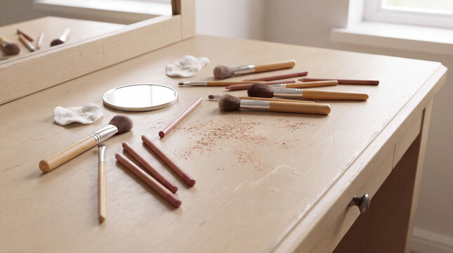 Makeup brushes and cosmetics scattered on a dressing table with spilled powder, showing beauty routine and personal care