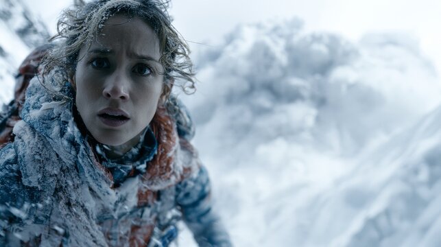 A man climbing a snow-covered mountain with an avalanche behind him.