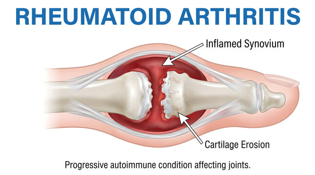 Medical illustration depicting rheumatoid arthritis joint inflammation