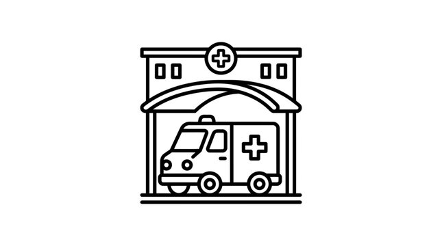Ambulance icon inside hospital entrance, emergency medical service symbol, vector illustration