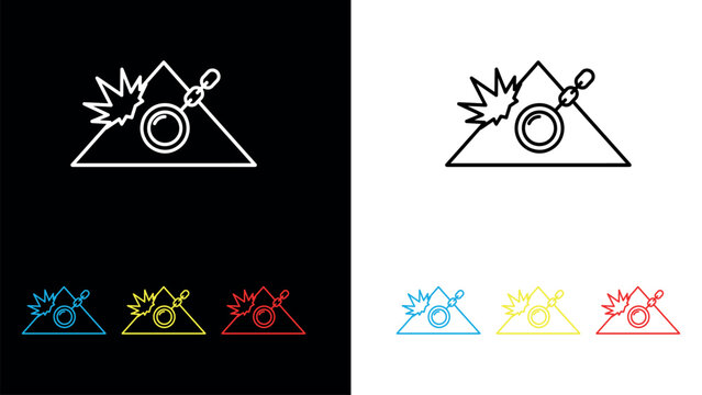 Wrecking ball destroying concrete structure vector set in black white and color outline.