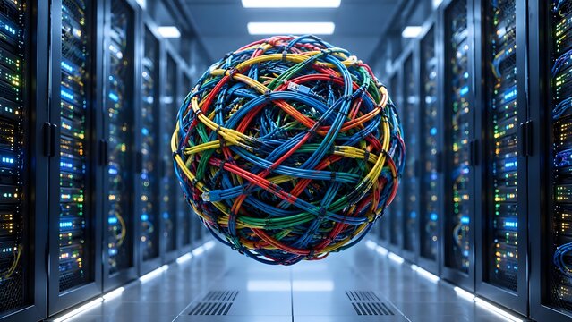 Large floating sphere made of tangled colorful network cables in a modern data center symbolizing complex IT infrastructure and global connectivity