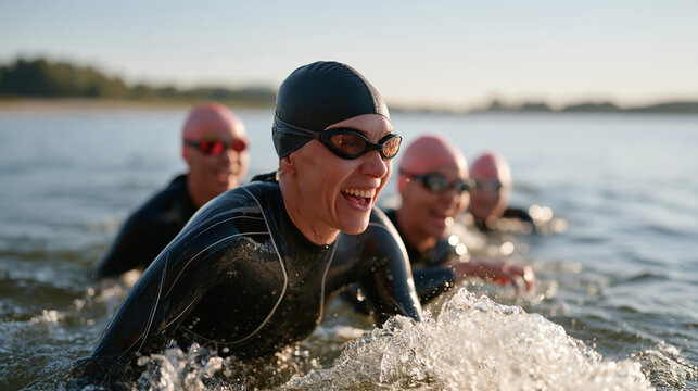 Athletic women finishing a group open-water swim at a lake at dawn, wading ashore together laughing, swim caps removed, endurance sport, outdoor fitness, female wellness