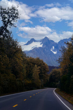 Seward Alaska autumn roadside mountain landscape entering Kenai Fjords National Park, USA