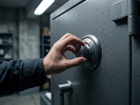 Close-up of a person's hand carefully turning the rotary combination dial to unlock a heavy steel bank vault or safe in a secure room.