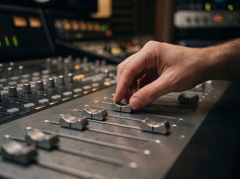 Close-up of a sound engineer's hand operating faders on a modern mixing console during a music production and audio mastering session in a recording studio.