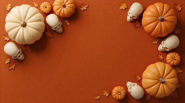A festive halloween background featuring a top view of assorted pumpkins and gourds arranged on a warm orange surface