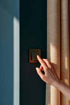 Close up of person hand touch turn off modern dark wall light switch room