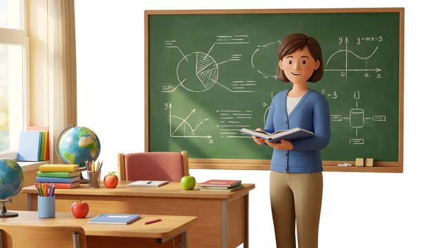 A 3d cartoon female teacher standing in a classroom with a blackboard