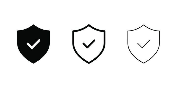 Approved shield and verified checkmark icon set. Security guarantee outline and glyph pictograms