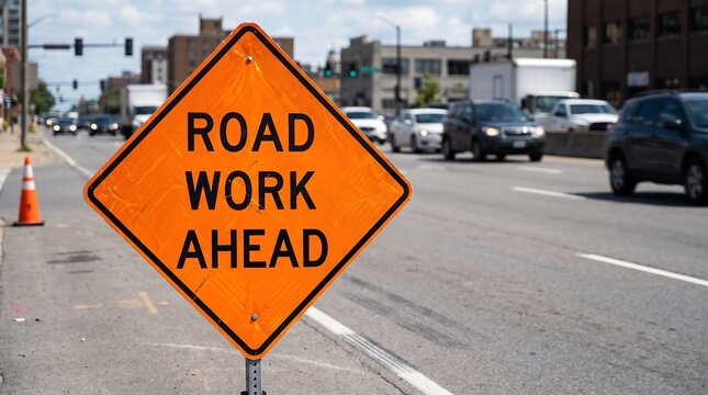 Orange road work ahead sign on busy city street. Diamond shaped construction warning sign. Urban traffic safety and infrastructure maintenance.