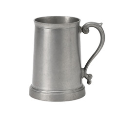 Antique pewter tankard with a decorative handle stands prominently on a clean white background, showcasing its textured metallic surface © Chinases