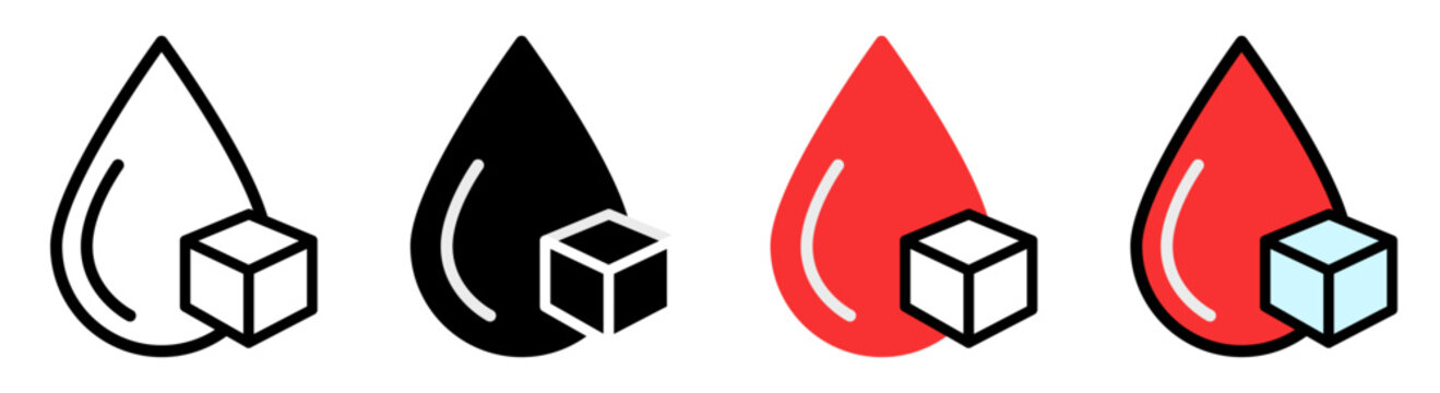 Blood drop with sugar cube icon collection for diabetes, health checkup, and medical design.