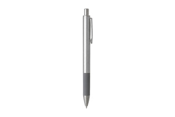 Sleek silver ballpoint pen with a dark gray rubber grip stands upright, isolated on a clean white background © Chinases