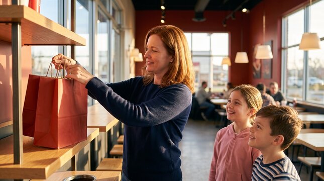 Mother with Children Picking Up Takeout Food Bags in Modern Restaurant - Family Lifestyle Commercial Stock Photo