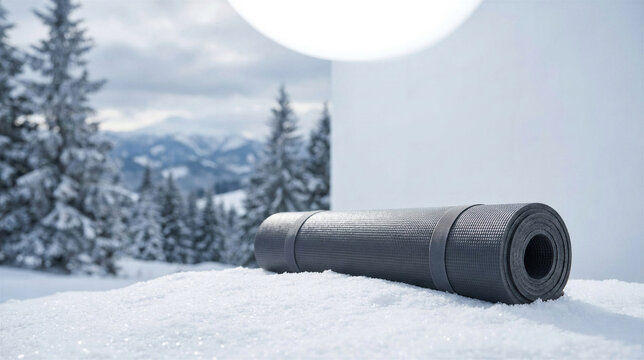 Yoga mat on snow-covered ground with mountains in the background  