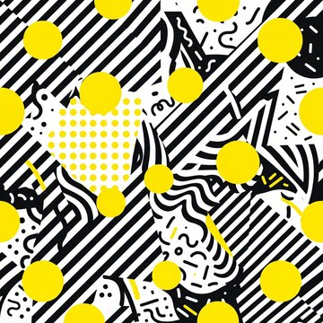 Memphis style black and white pattern with yellow dots