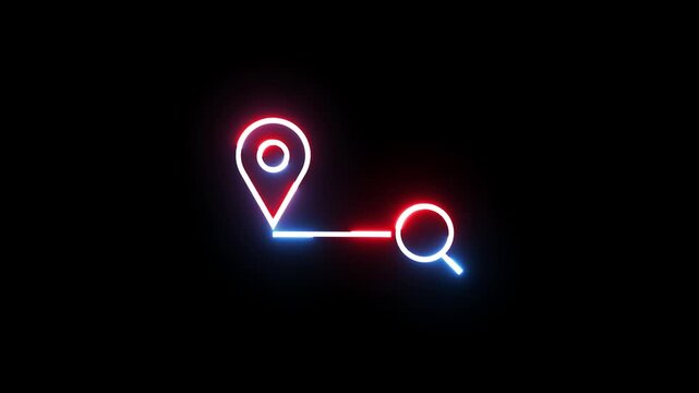 Neon location map pin and magnifying glass search icon animation against dark background