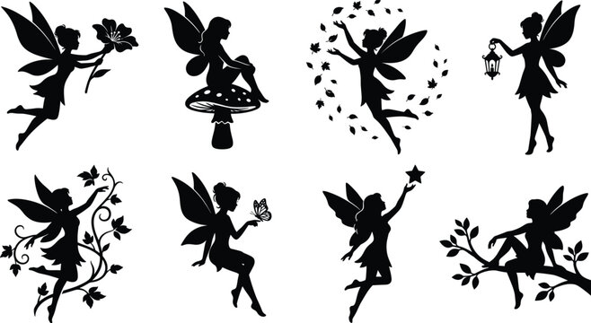 Collection of black fairy silhouettes featuring magical creatures in diverse poses, perfect for fantasy design projects, stickers, decals, and creative illustrations.