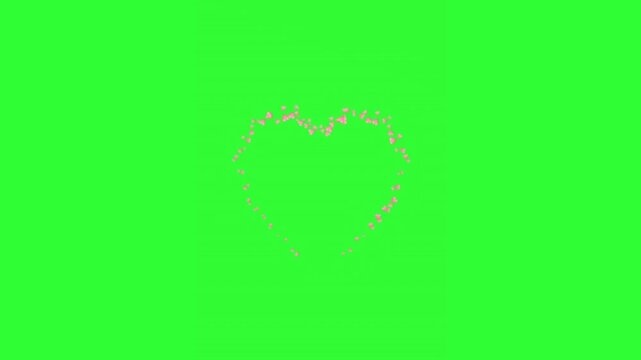 Animated sparkling pink flower particles forming a glowing heart shape on a bright green screen, perfect for romantic video overlays, Valentine's Day content, wedding edits, love effects,