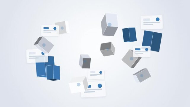 Abstract 3d boxes and digital interface cards floating in circular motion on white background for data concept.