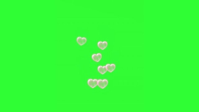 Animated pink heart bubbles floating gently on a bright green screen background, ideal for romantic video overlays, Valentine's Day content, love effects, social media edits, and chroma 
