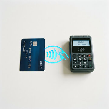 Credit_card beside a glowing NFC symbol and compact payment reader clean composition realistic financial technology product shot