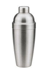 Sleek stainless steel cocktail shaker with a brushed finish stands upright, captured with soft,...