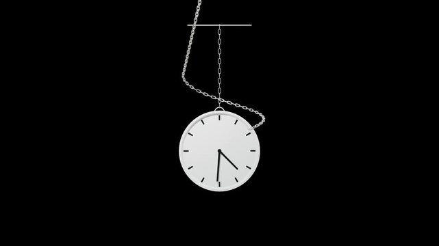 Silver wave chain moving down and winding around a clock with moving hands animation