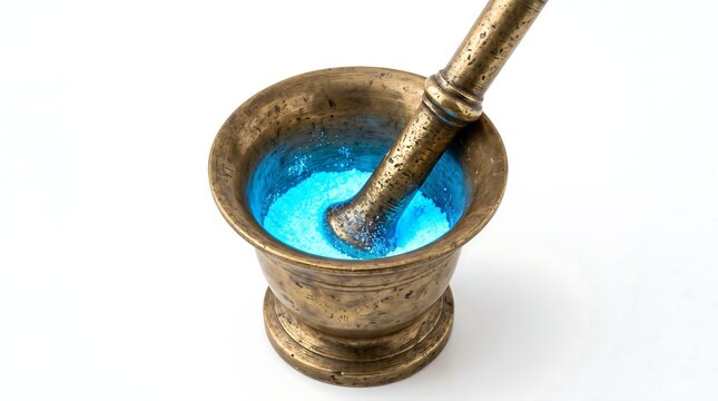 Antique brass mortar and pestle with glowing blue powder substance on a white background